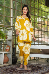 Yellow V-Neck Floral Printed Suit Set - Elegant Ethnic Wear for Women