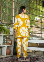 Yellow V-Neck Floral Printed Suit Set - Elegant Ethnic Wear for Women