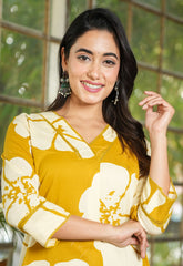 Yellow V-Neck Floral Printed Suit Set - Elegant Ethnic Wear for Women