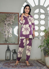 Elegant Ethnic Wear - Purple V-Neck Floral Printed Suit Set