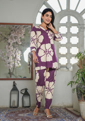Elegant Ethnic Wear - Purple V-Neck Floral Printed Suit Set