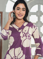 Elegant Ethnic Wear - Purple V-Neck Floral Printed Suit Set