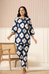 Blue Floral Top & Pants Sleepwear – Cotton Cord Set