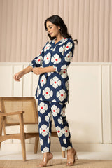 Blue Floral Top & Pants Sleepwear – Cotton Cord Set