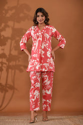 BlushPetals Women’s 2-Piece Cotton Cord Set – Pink Floral Top & Pants Sleepwear