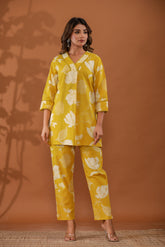 SunnyBloom Women’s 2-Piece Cotton Cord Set – Yellow Floral Top & Pants Sleepwear