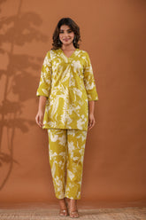 LemonBlossom Women’s 2-Piece Cotton Cord Set – Light Yellow Floral Top & Pants Sleepwear