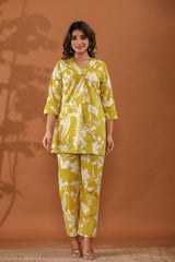 LemonBlossom Women’s 2-Piece Cotton Cord Set – Light Yellow Floral Top & Pants Sleepwear