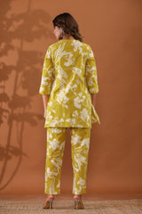 LemonBlossom Women’s 2-Piece Cotton Cord Set – Light Yellow Floral Top & Pants Sleepwear