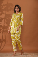 LemonBlossom Women’s 2-Piece Cotton Cord Set – Light Yellow Floral Top & Pants Sleepwear