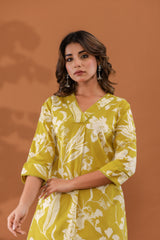 LemonBlossom Women’s 2-Piece Cotton Cord Set – Light Yellow Floral Top & Pants Sleepwear