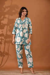 MintFlora Women’s 2-Piece Cotton Cord Set – Mint Green Floral Top & Pants Sleepwear