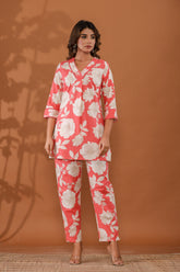 RoseBlossom Women’s 2-Piece Cotton Cord Set – Pink & White Floral Top & Pants Sleepwear