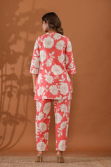 RoseBlossom Women’s 2-Piece Cotton Cord Set – Pink & White Floral Top & Pants Sleepwear