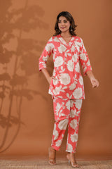 RoseBlossom Women’s 2-Piece Cotton Cord Set – Pink & White Floral Top & Pants Sleepwear