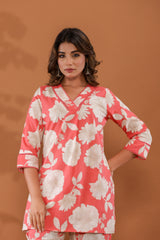 RoseBlossom Women’s 2-Piece Cotton Cord Set – Pink & White Floral Top & Pants Sleepwear