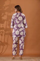 LavenderBloom Women’s 2-Piece Cotton Cord Set – Purple & White Floral Top & Pants Sleepwear