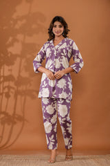 LavenderBloom Women’s 2-Piece Cotton Cord Set – Purple & White Floral Top & Pants Sleepwear