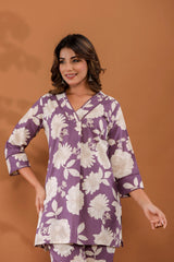 LavenderBloom Women’s 2-Piece Cotton Cord Set – Purple & White Floral Top & Pants Sleepwear