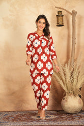 Floral Bliss Women's 2-Piece Cotton Sleepwear Set – Marron & White Floral Top & Pants