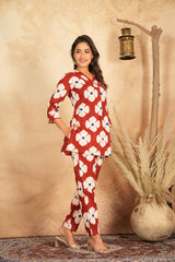 Floral Bliss Women's 2-Piece Cotton Sleepwear Set – Marron & White Floral Top & Pants