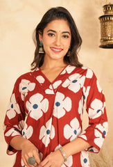 Floral Bliss Women's 2-Piece Cotton Sleepwear Set – Marron & White Floral Top & Pants