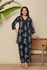 Serenity Meadow Women's 2-Piece Cotton Sleepwear Set – Blue & Green Floral Printed Top & Pants