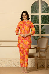 Jaipuri Printed Sunset Blossom CORD Set - Red & Orange