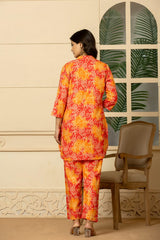 Jaipuri Printed Sunset Blossom CORD Set - Red & Orange