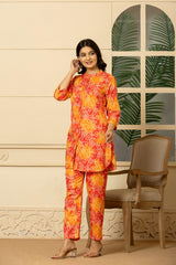 Jaipuri Printed Sunset Blossom CORD Set - Red & Orange