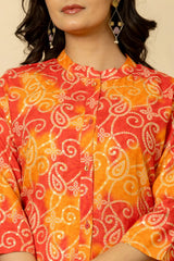Jaipuri Printed Sunset Blossom CORD Set - Red & Orange