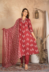 Red Floral Elegance Suit Set - Chic Ethnic Wear for Women