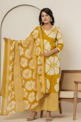 Golden Blossom Women's Dupatta Cotton Sleepwear Set – Yellow Floral Printed