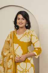 Golden Blossom Women's Dupatta Cotton Sleepwear Set – Yellow Floral Printed