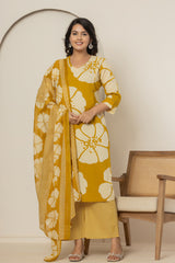 Golden Blossom Women's Dupatta Cotton Sleepwear Set – Yellow Floral Printed