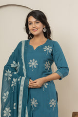 Blue Bloom Women's Dupatta Cotton Sleepwear Set