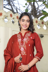 Maroon Bloom Women's Dupatta Cotton Sleepwear Set