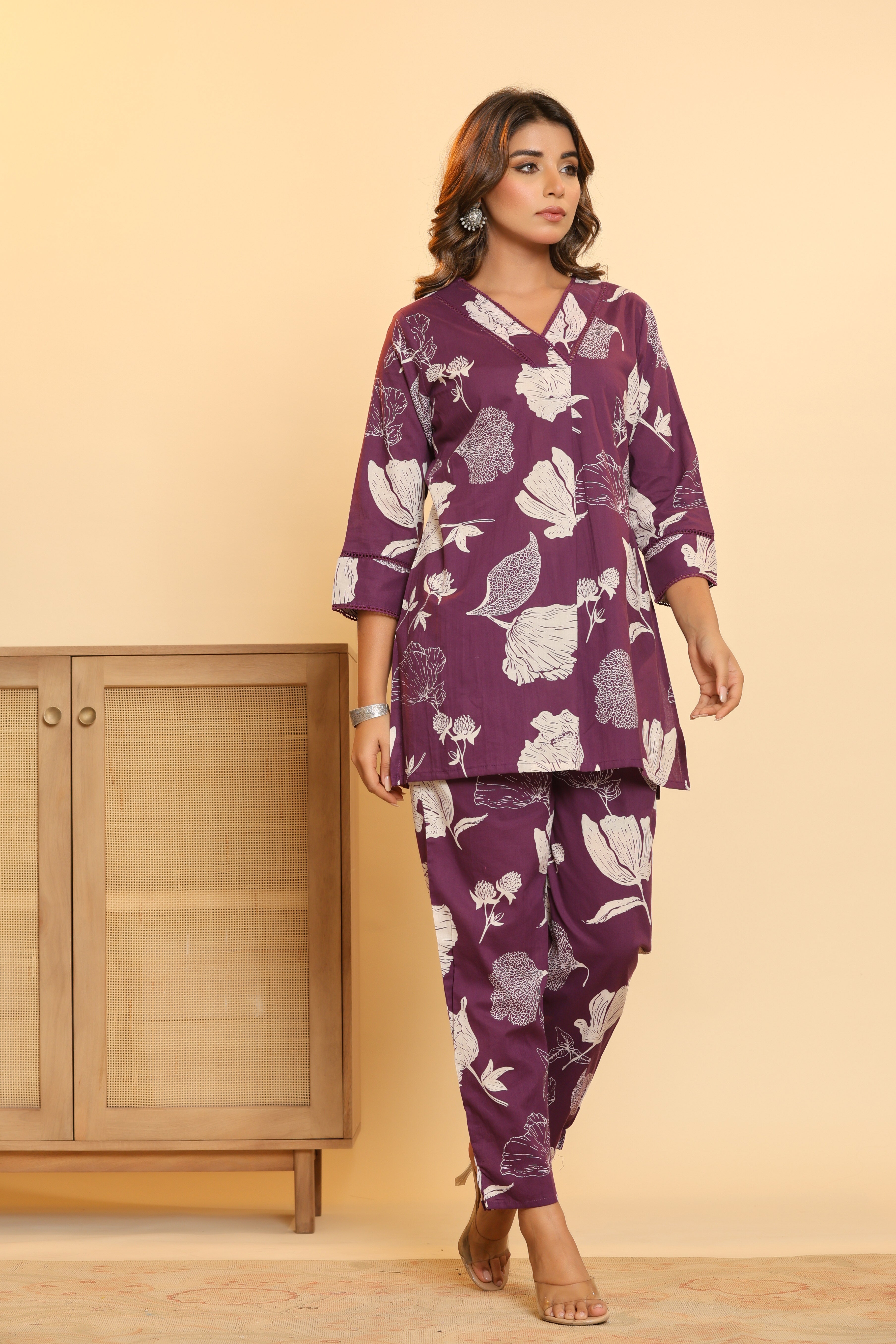 Purple Floral Top & Pants Sleepwear – Cotton Cord Set