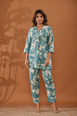 Sky Blue Floral Top & Pants Sleepwear –  Cotton Cord Set
