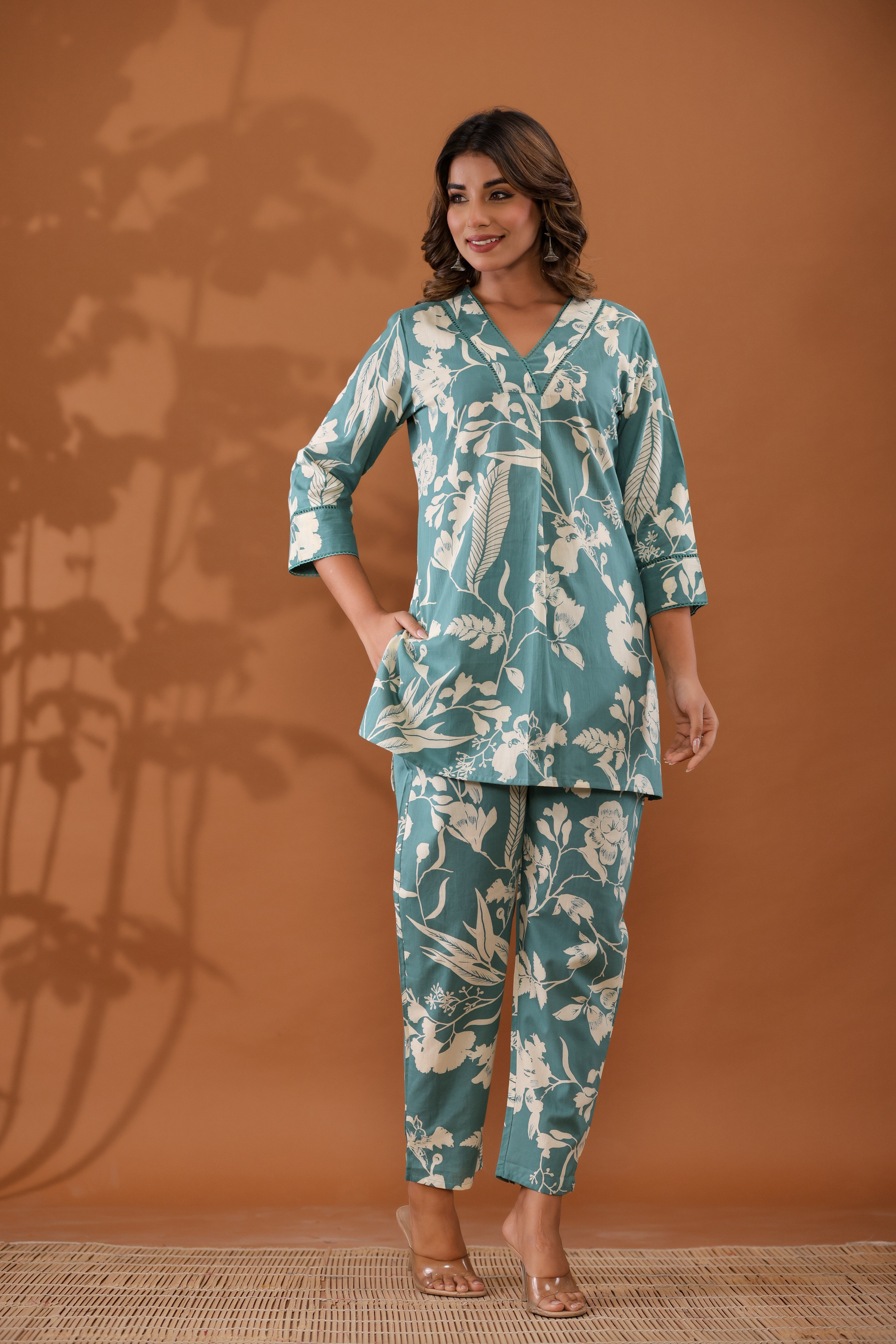 Sky Blue Floral Top & Pants Sleepwear –  Cotton Cord Set