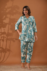 Sky Blue Floral Top & Pants Sleepwear –  Cotton Cord Set