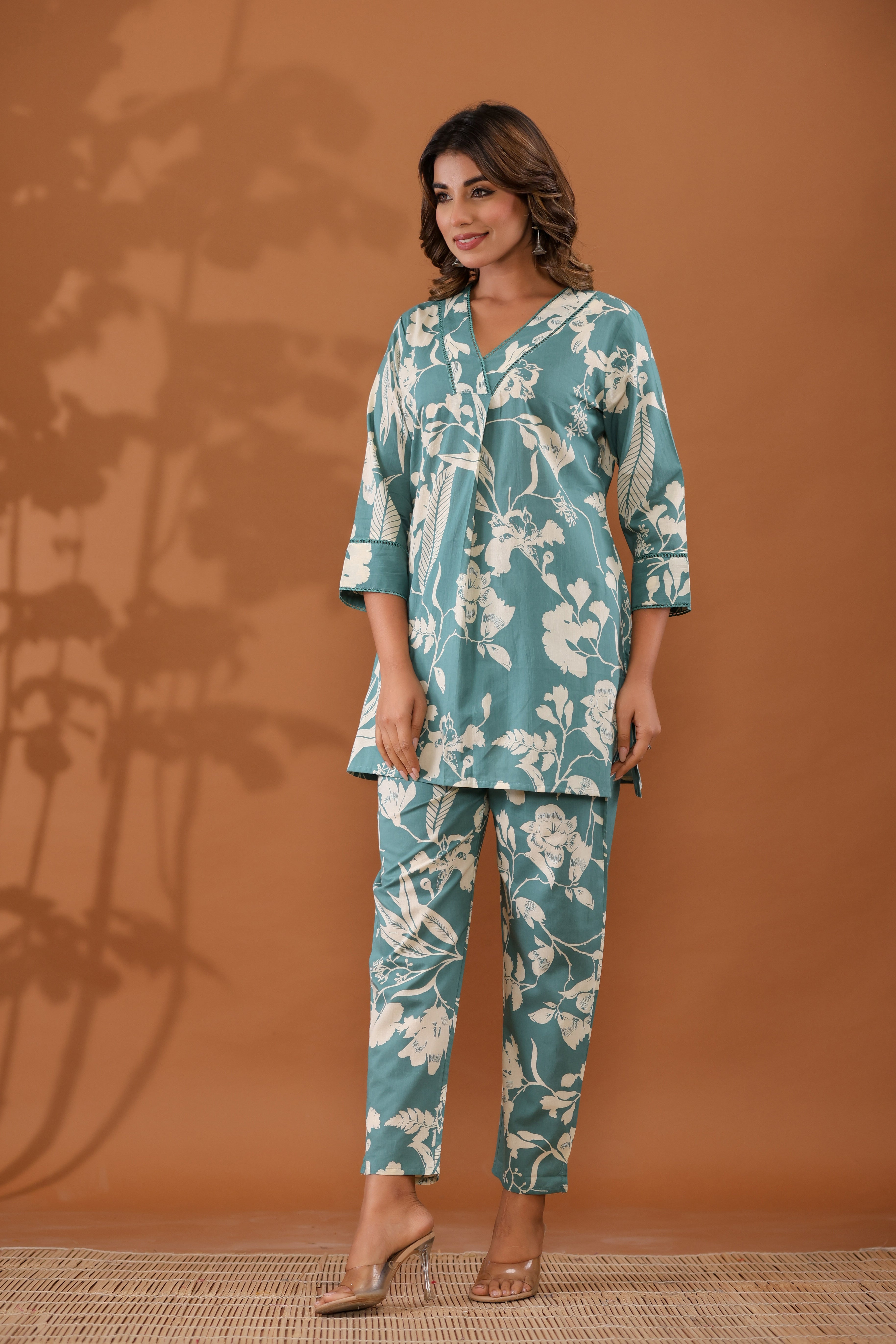 Sky Blue Floral Top & Pants Sleepwear –  Cotton Cord Set