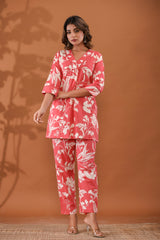 BlushPetals Women’s 2-Piece Cotton Cord Set – Pink Floral Top & Pants Sleepwear