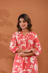 BlushPetals Women’s 2-Piece Cotton Cord Set – Pink Floral Top & Pants Sleepwear