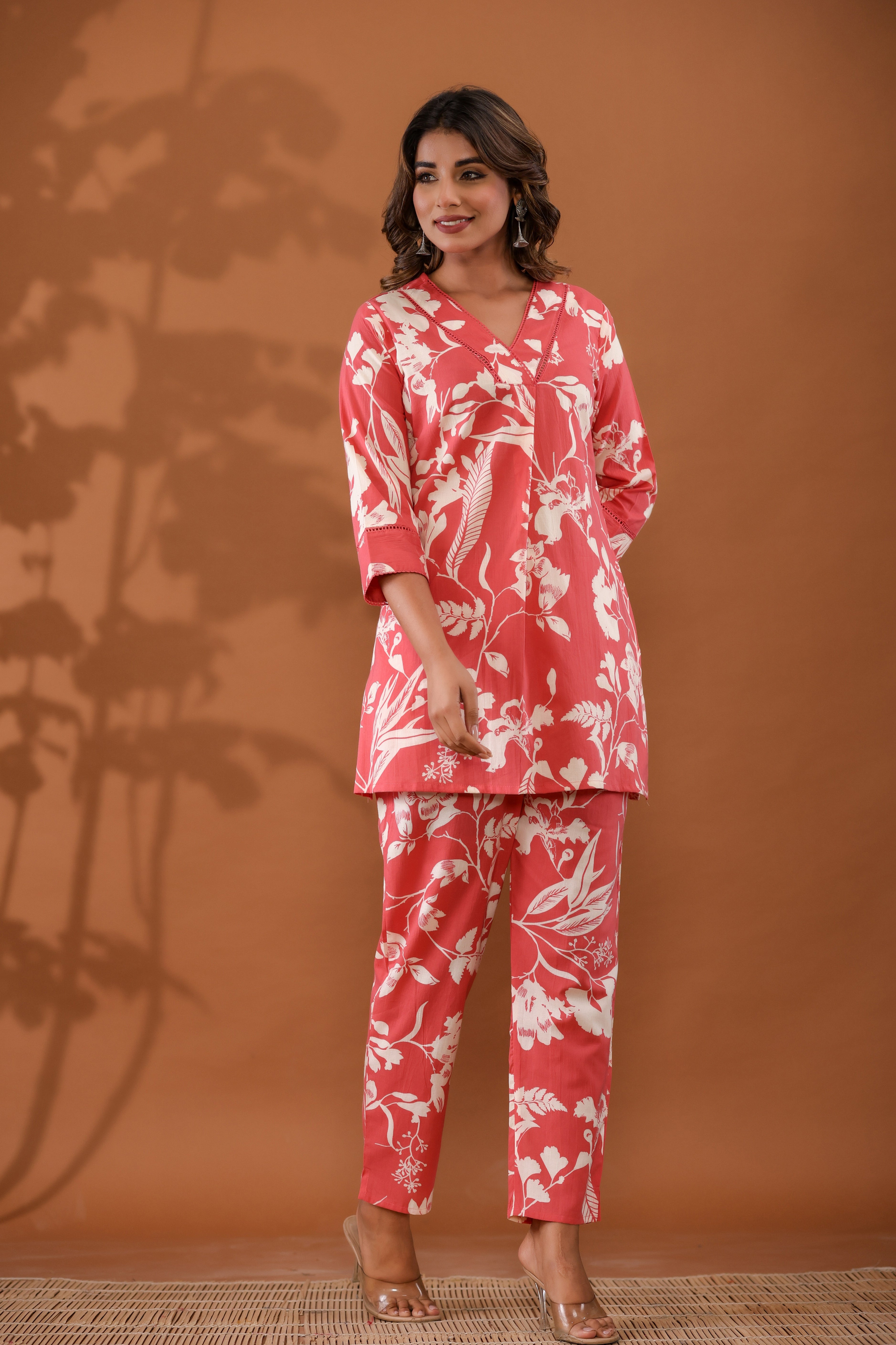 BlushPetals Women’s 2-Piece Cotton Cord Set – Pink Floral Top & Pants Sleepwear
