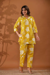 SunnyBloom Women’s 2-Piece Cotton Cord Set – Yellow Floral Top & Pants Sleepwear