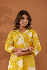 SunnyBloom Women’s 2-Piece Cotton Cord Set – Yellow Floral Top & Pants Sleepwear