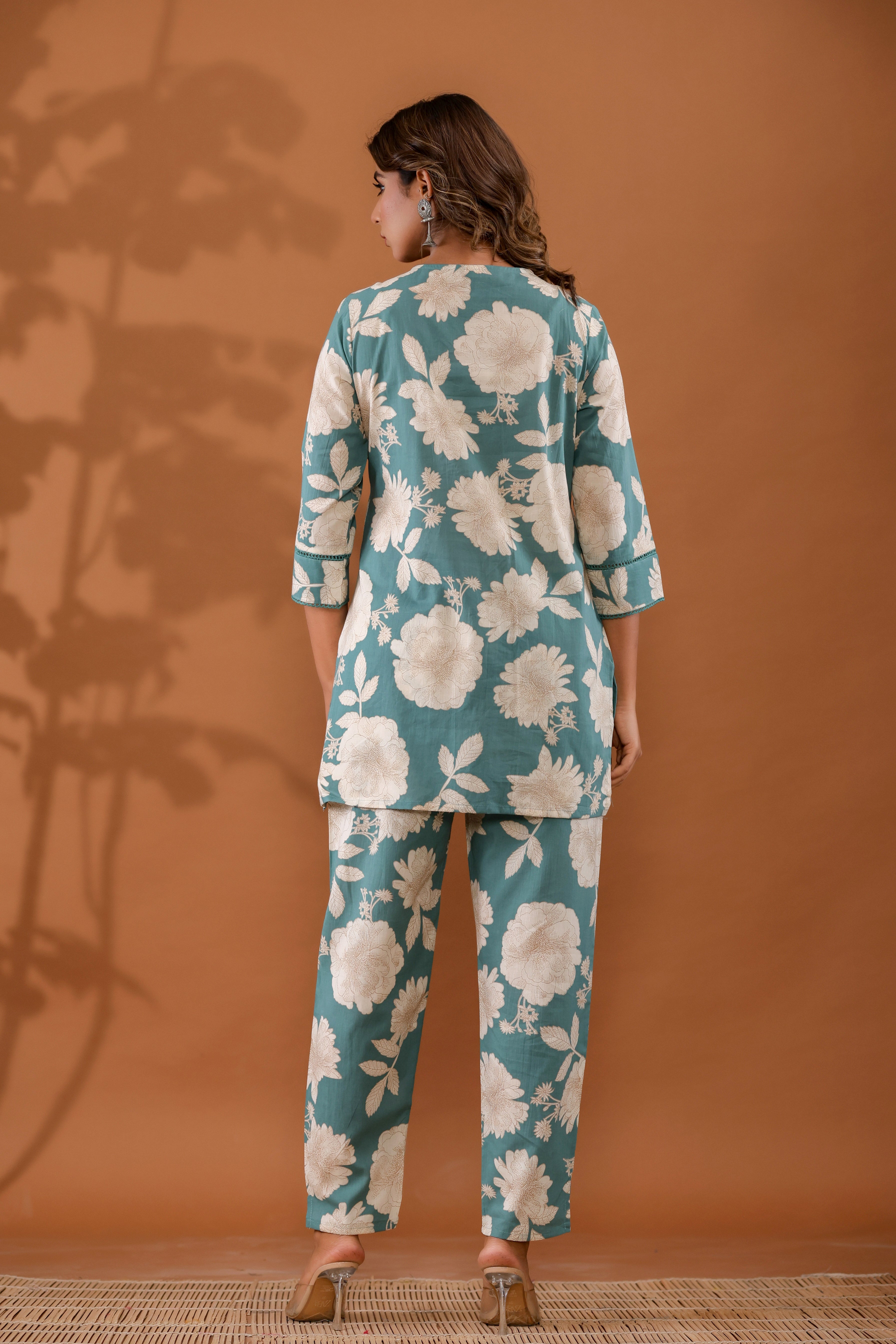 MintFlora Women’s 2-Piece Cotton Cord Set – Mint Green Floral Top & Pants Sleepwear