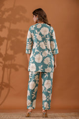 MintFlora Women’s 2-Piece Cotton Cord Set – Mint Green Floral Top & Pants Sleepwear