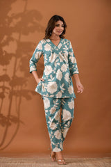 MintFlora Women’s 2-Piece Cotton Cord Set – Mint Green Floral Top & Pants Sleepwear